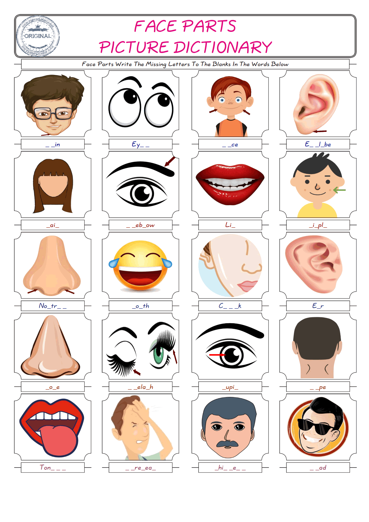  Face Parts Words English worksheets For kids, the ESL Worksheet for finding and typing the missing letters of Face Parts Words 
